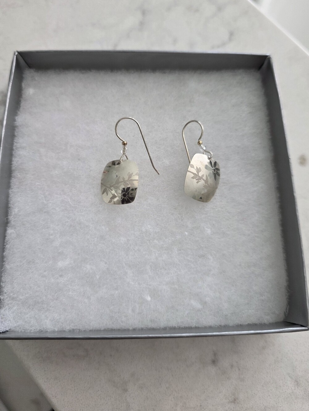 Holly Yashi Handmade Sterling Silver Floral Engraved Drop Earrings - Picture 3 of 3